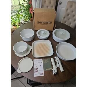 Sensarte 6 Cream Ceramic Coated Square Skillet Ribbed Fry Pans Pots Preowned‎